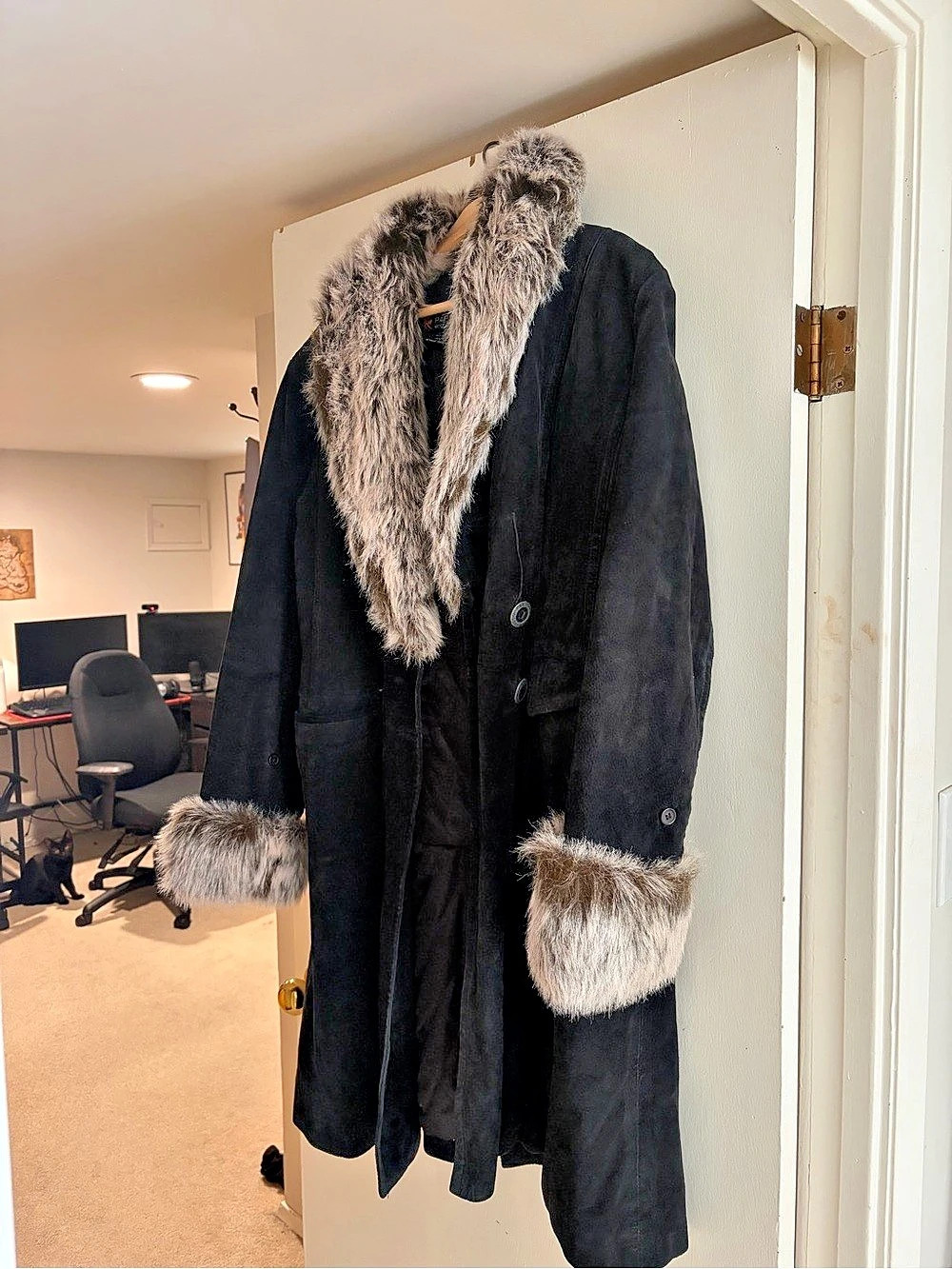 Parasuco Ergonomic Jeans Black Fur Trim Leather Coat Size XL
